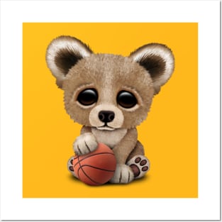 Cute Baby Bear Playing With Basketball Posters and Art